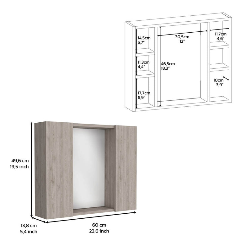 Medicine Cabinet Hops, Double Door, Mirror, One External Shelf, Light Gray Finish