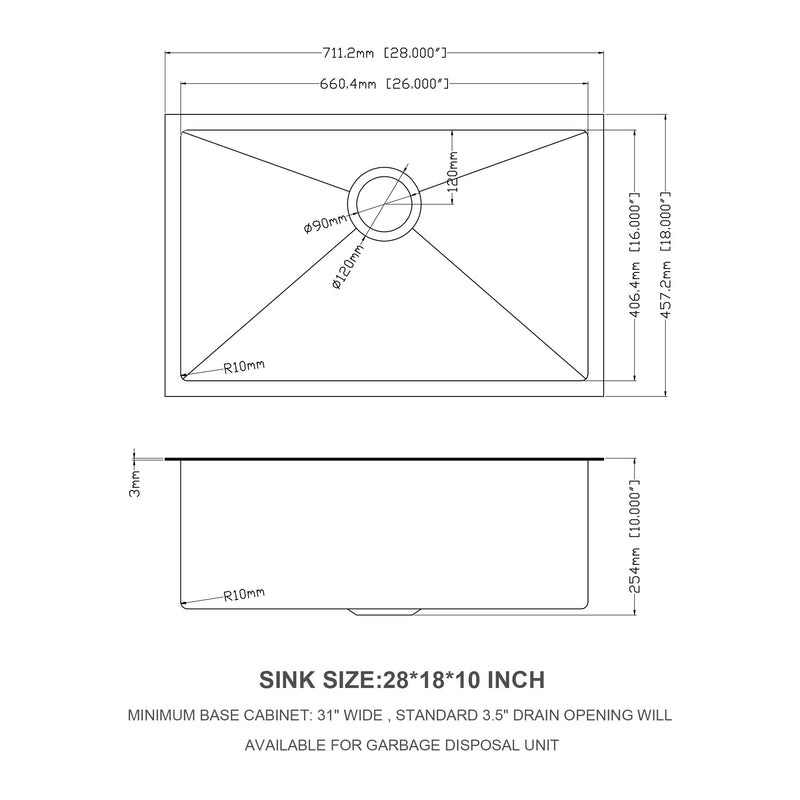 28 Inch Undermount Sink - 28"x18"x10"  Gunmetal Black Undermount  Kitchen Sink 16 Gauge 10 Inch Deep Single Bowl Kitchen Sink Basin