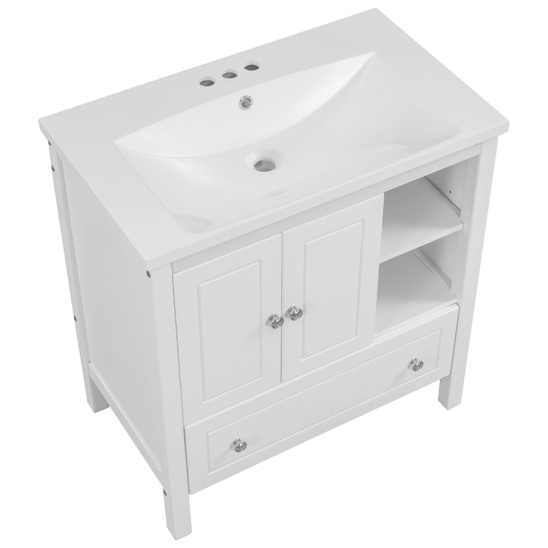 [VIDEO] 30" Bathroom Vanity with Sink, Bathroom Storage Cabinet with Doors and Drawers, Solid Wood Frame, Ceramic Sink, White