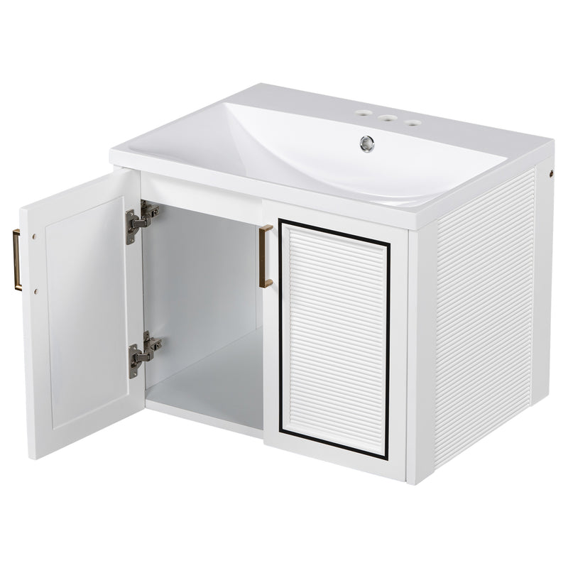 24" Wall Mounted Bathroom Vanity with Ceramic Basin, Two Shutter Doors, Solid Wood & MDF Board, White (One Package)