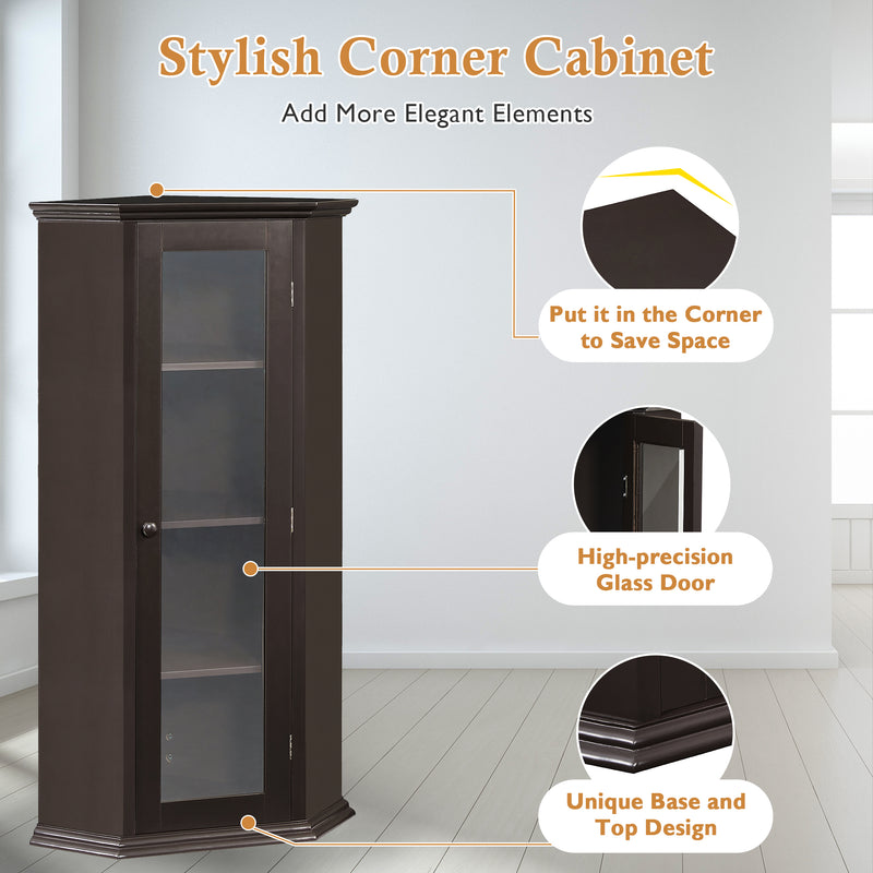 Freestanding Bathroom Cabinet with Glass Door, Corner Storage Cabinet for Bathroom, Living Room and Kitchen, MDF Board with Painted Finish, Brown