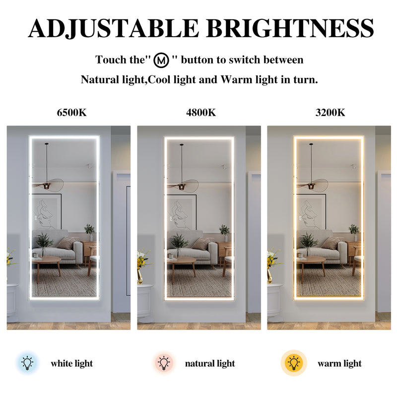 Extra Large LED Bathroom Mirror with 3 Color Aluminum Framed Wall Mirror Full Body Mirror with Lights, Vertical Horizontal Hanging Aluminum Framed Mirror for Bedroom Living Room, Silver, 84X36 inches