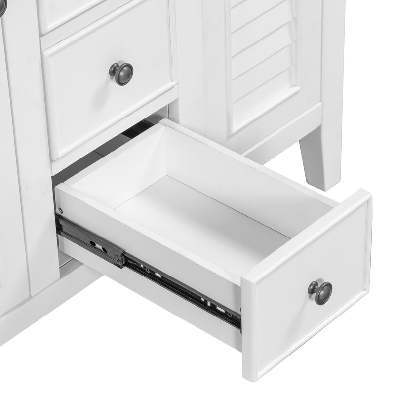 36" Bathroom Vanity with Ceramic Basin, Two Cabinets and Five Drawers, Solid Wood Frame, White