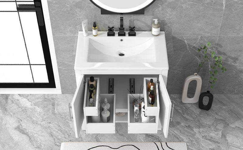 30" Bathroom Vanity with Sink, Multi-functional Bathroom Cabinet with Doors and Drawers, Solid Frame and MDF Board, White