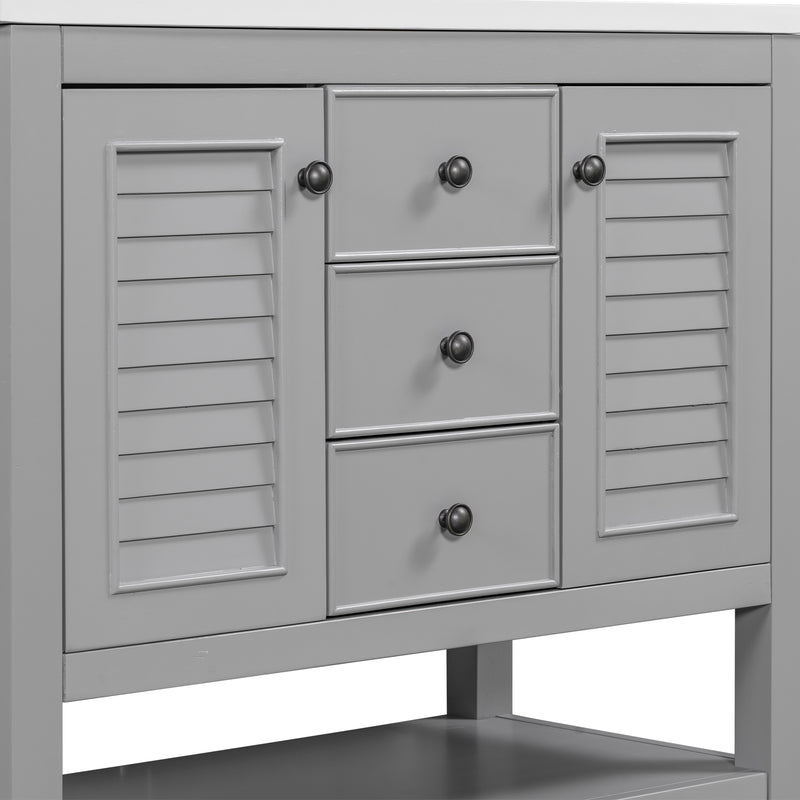 36" Bathroom Vanity with Ceramic Basin, Two Cabinets and Drawers, Open Shelf, Solid Wood Frame, Grey