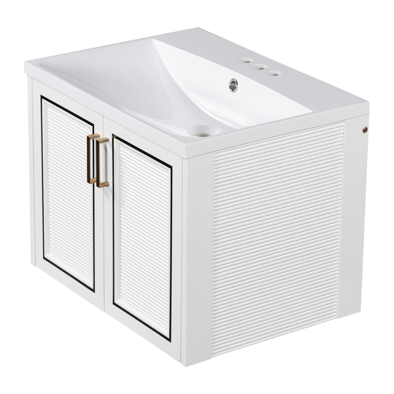 24" Wall Mounted Bathroom Vanity with Ceramic Basin, Two Shutter Doors, Solid Wood & MDF Board, White (One Package)