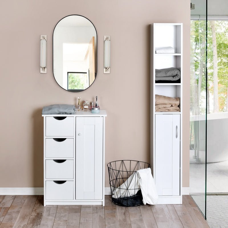 White Bathroom Storage Cabinet with Shelf Narrow Corner Organizer Floor Standing (H63 6 Shelves 1 Door)