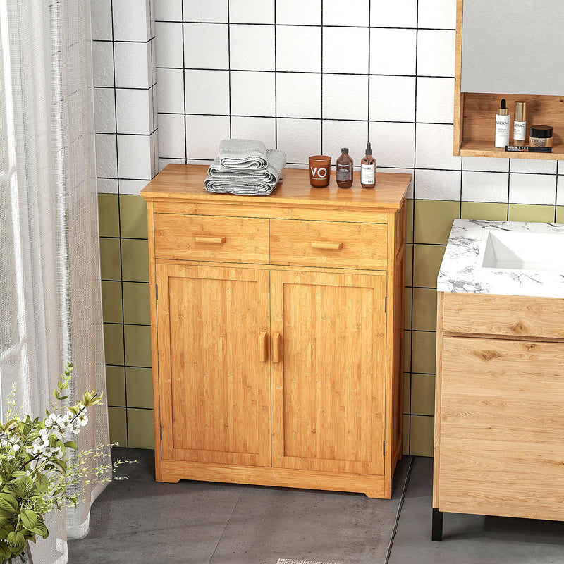 HOMCOM Bathroom Storage Cabinet, Bamboo Floor Cabinet with Drawers, Double Doors and Adjustable Shelves, Natural