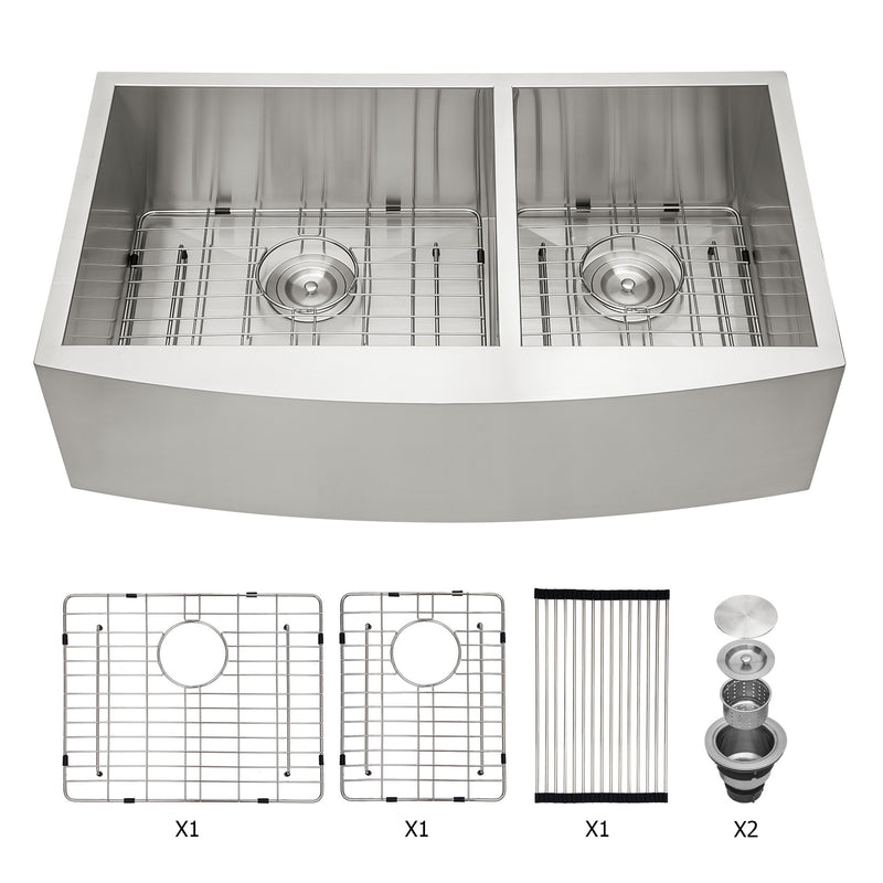 Double Bowl Farmhouse Sink- 33"x20" Stainless Steel Farm Sink Undermount Apron Front Double Bowl Kitchen Sink 18 Gauge with Two 9" Deep Basin