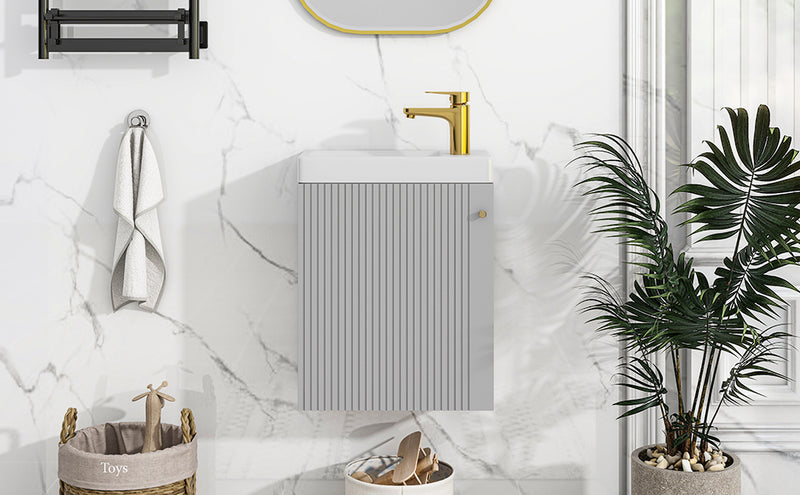 [Viedo]Contemporary 16" Wall-Mounted Bathroom Vanity Combo Cabinet with Ceramic Basin - Ideal for Small Bathrooms