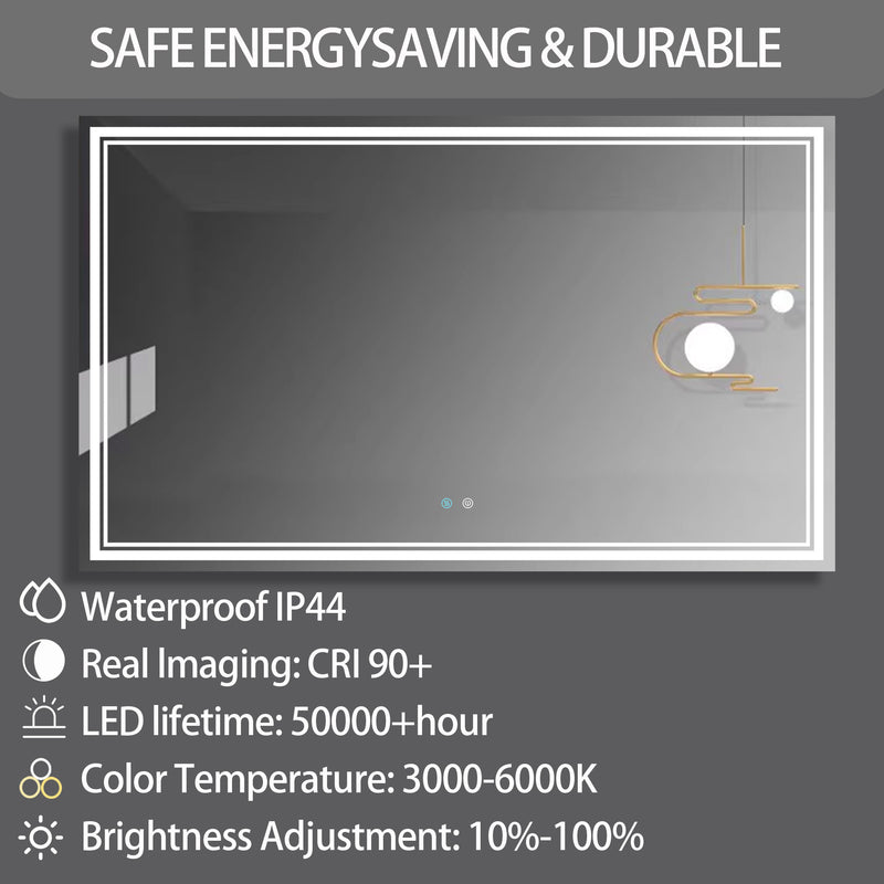 60 x 36 LED Mirror for Bathroom, LED Vanity Mirror, Adjustable 3 Color, Dimmable Vanity Mirror with Lights, Anti-Fog, Touch Control Wall Mounted Bathroom Mirror,Vertical