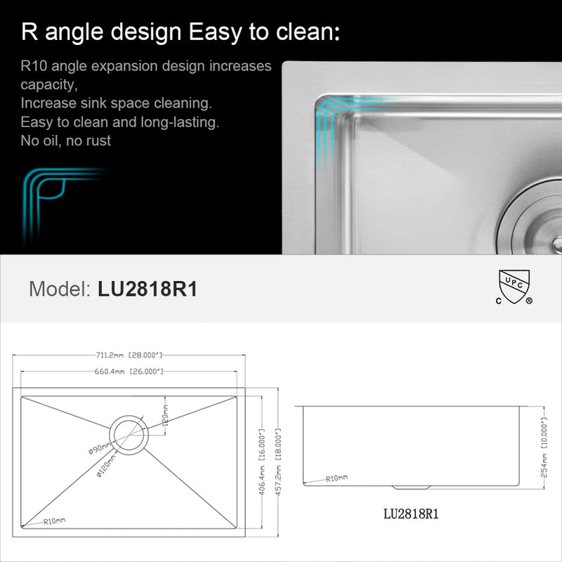 28 Inch Undermount Sink - 28"x18"x10" Undermount Stainless Steel Kitchen Sink 16 Gauge 10 Inch Deep Single Bowl Kitchen Sink Basin