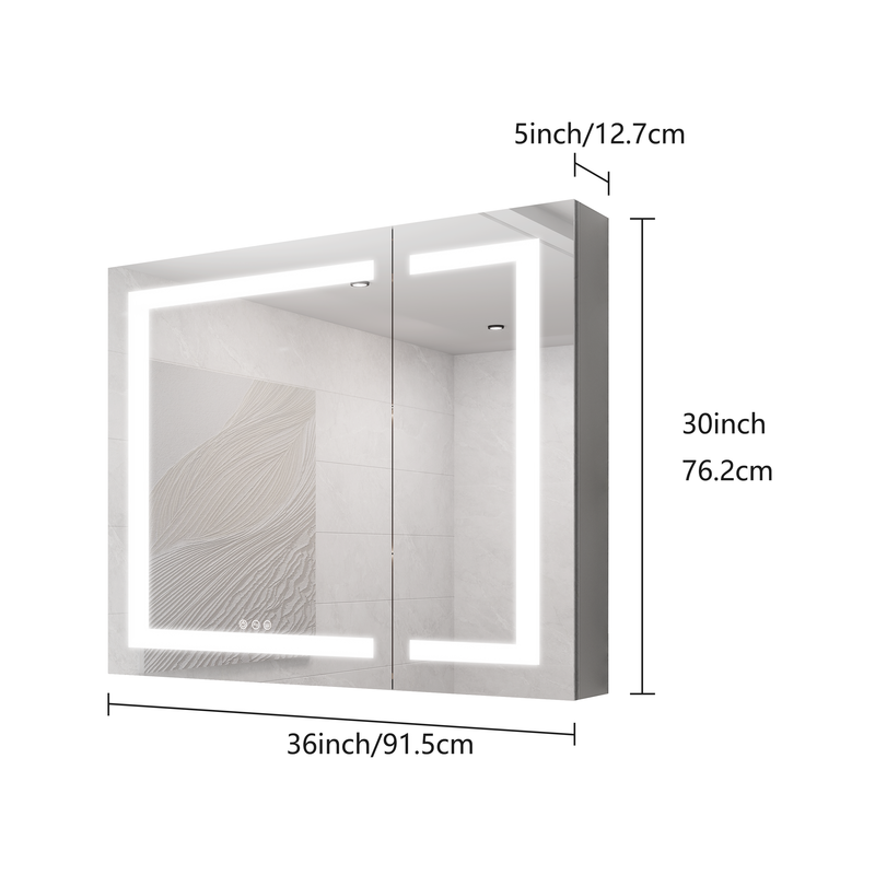 36x30 inch Medicine Cabinet with LED Vanity Mirror, Anti-Fog Recessed or Surface Mount Bathroom Double Door Large Storage 3000K~6000K Bright Lighted Aluminum Storage Cabinet with Touch Switch