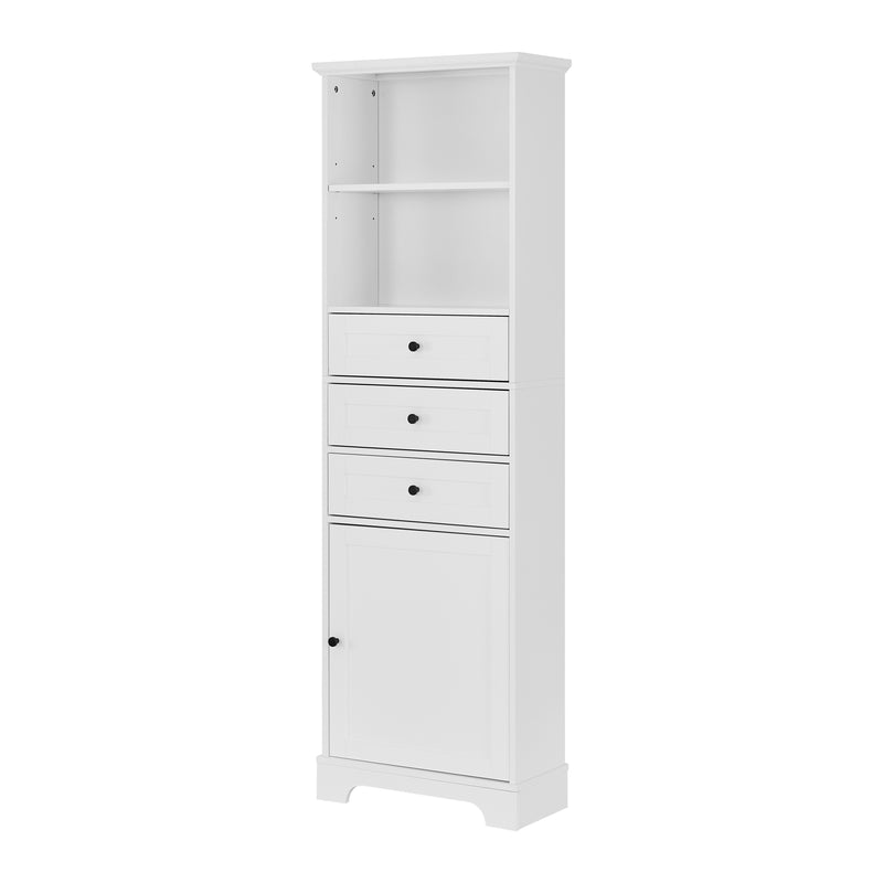 White Tall Storage Cabinet with 3 Drawers and Adjustable Shelves for Bathroom, Kitchen and Living Room, MDF Board with Painted Finish