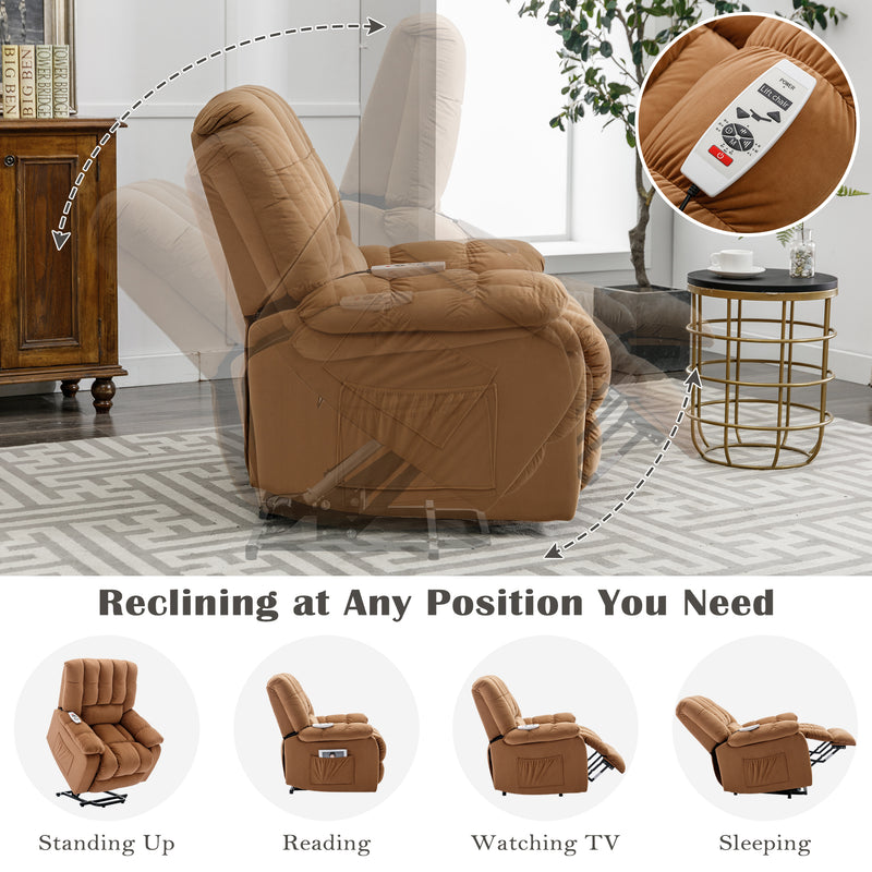 Massage Recliner Chair Electric Power Lift Recliner Chairs with Heat, Vibration, Side Pocket for Living Room, Bedroom, Light Brown