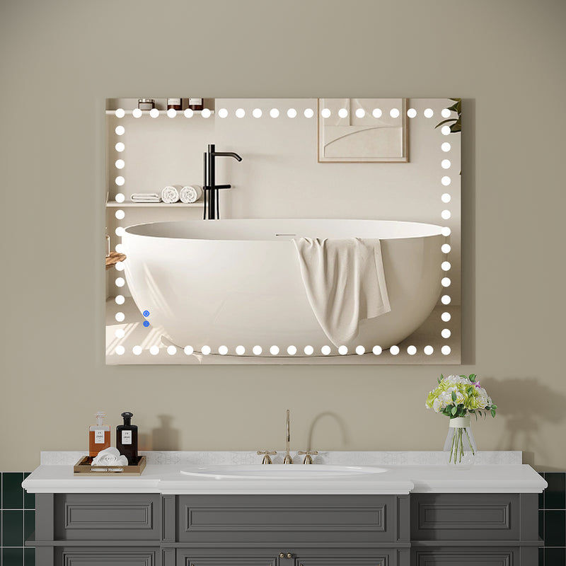 40X32 Inch Led-Lit Bathroom Mirror, Wall Mounted Anti-Fog Memory Rectangular Vanity Mirror With Tri-White Front Circular Light And Touch Sensor Dimmer Switch