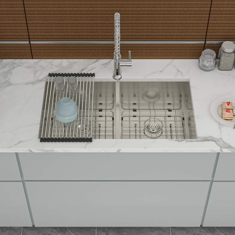 Double Bowl(50/50) Undermount Sink- 33"x19" Double Bowl Kitchen Sink 16 Gauge with Two 10" Deep Basin