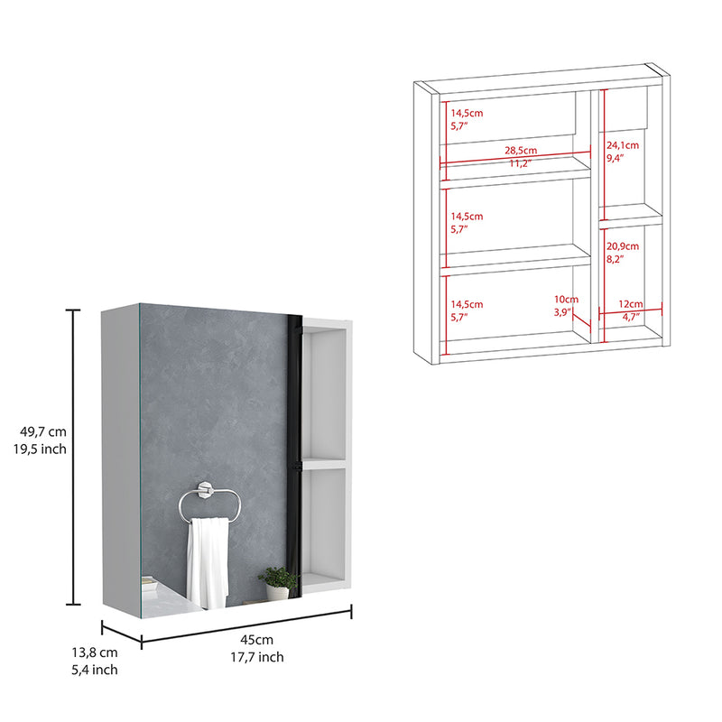 Medicine Cabinet Mirror Clifton, Five Internal Shelves, White Finish