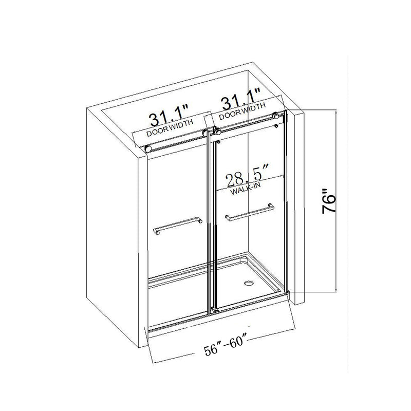 60*76" Double Sliding Frameless Shower Door Matte Black With Buffer