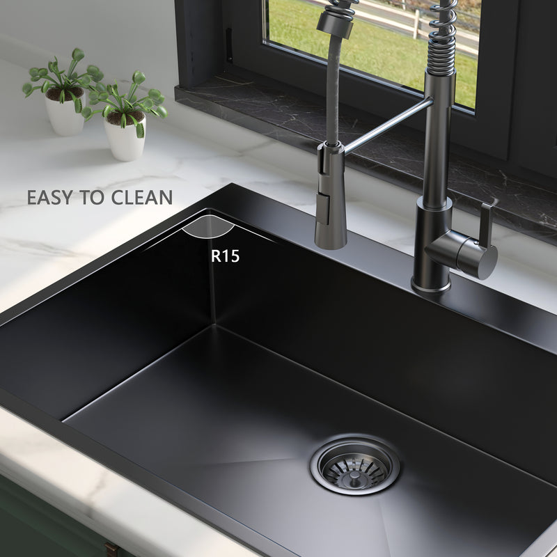 30x22Inch Topmount Gunmetal Black 18 Gauge Stainless Steel  Single Bowl Kitchen Sink With Faucet