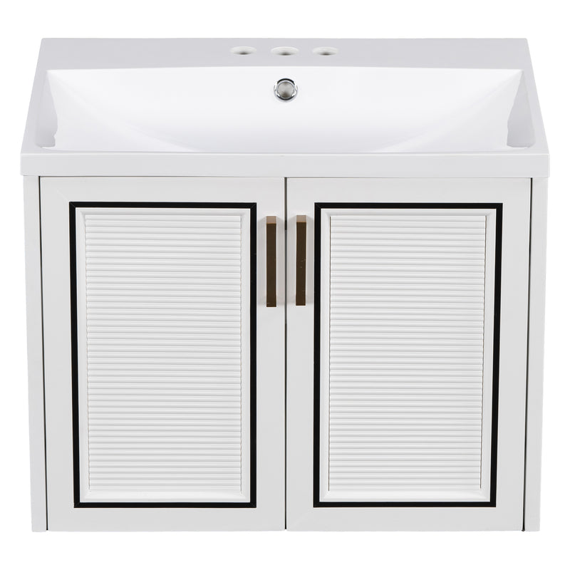 24" Wall Mounted Bathroom Vanity with Ceramic Basin, Two Shutter Doors, Solid Wood & MDF Board, White (One Package)