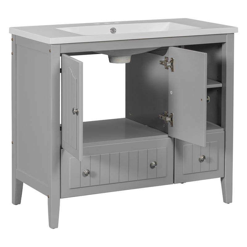 [VIDEO] 36" Bathroom Vanity with Ceramic Basin, Bathroom Storage Cabinet with Two Doors and Drawers, Solid Frame, Metal Handles, Grey