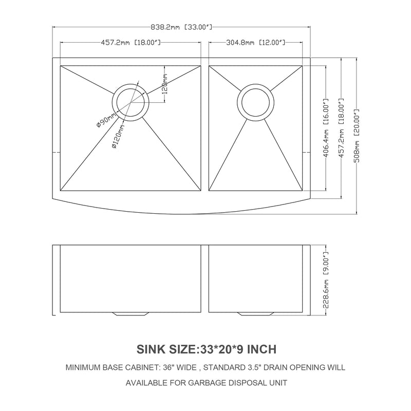 Double Bowl Farmhouse Sink- 33"x20" Stainless Steel Farm Sink Undermount Apron Front Double Bowl Kitchen Sink 18 Gauge with Two 9" Deep Basin