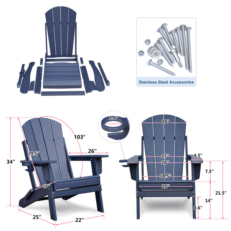 Folding Outdoor Adirondack Chair for Relaxing, HDPE All-weather Fire Pit Chair, Patio Lawn Chair for Outside Deck Garden Backyardf Balcony, Navy Blue