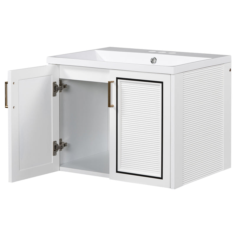 24" Wall Mounted Bathroom Vanity with Ceramic Basin, Two Shutter Doors, Solid Wood & MDF Board, White (One Package)