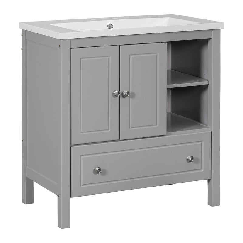 [VIDEO] 30" Bathroom Vanity with Sink, Bathroom Storage Cabinet with Doors and Drawers, Solid Wood Frame, Ceramic Sink, Grey