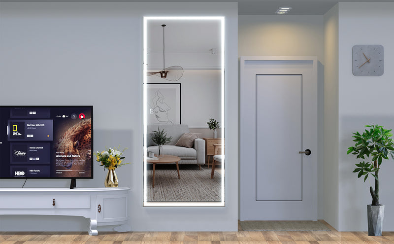 Extra Large LED Bathroom Mirror with 3 Color Aluminum Framed Wall Mirror Full Body Mirror with Lights, Vertical Horizontal Hanging Aluminum Framed Mirror for Bedroom Living Room, Silver, 84X36 inches