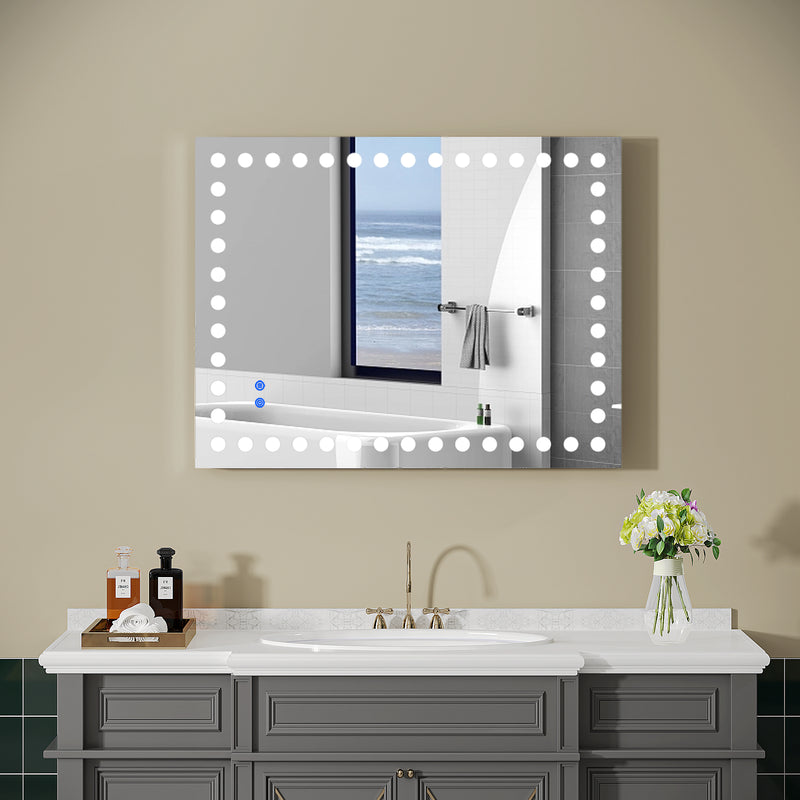 36×28 Inch Led-Lit Bathroom Mirror, Wall Mounted Anti-Fog Memory Rectangular Vanity Mirror With Tri-White Front Circular Light And Touch Sensor Dimmer Switch