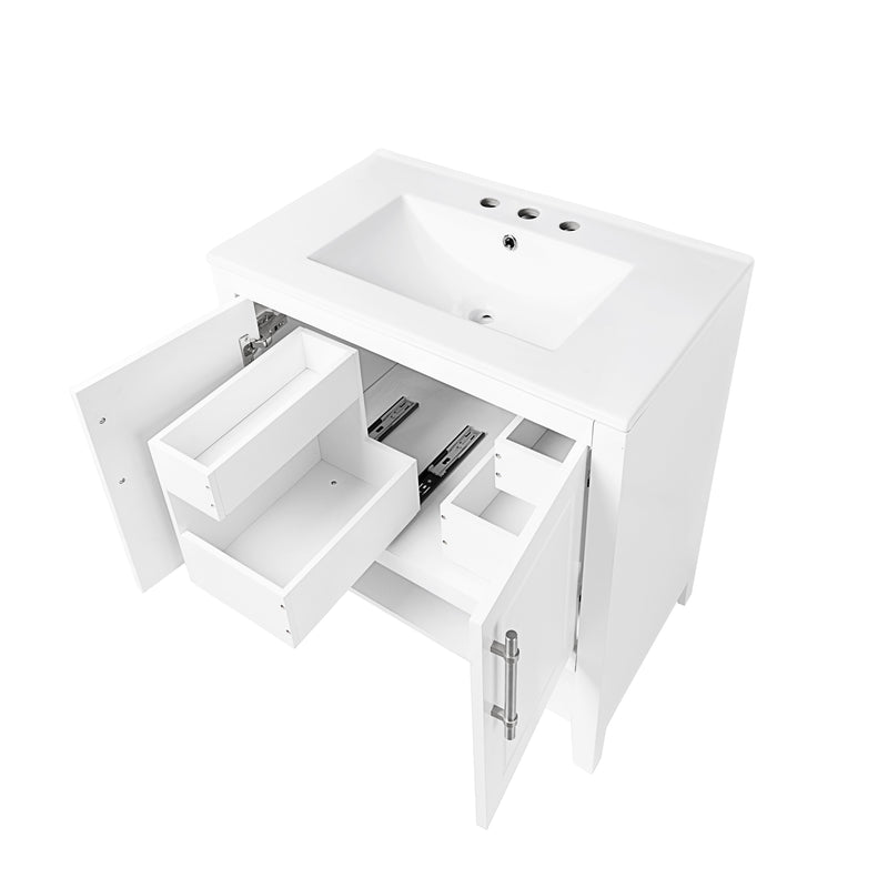 30" Bathroom Vanity with Sink, Multi-functional Bathroom Cabinet with Doors and Drawers, Solid Frame and MDF Board, White