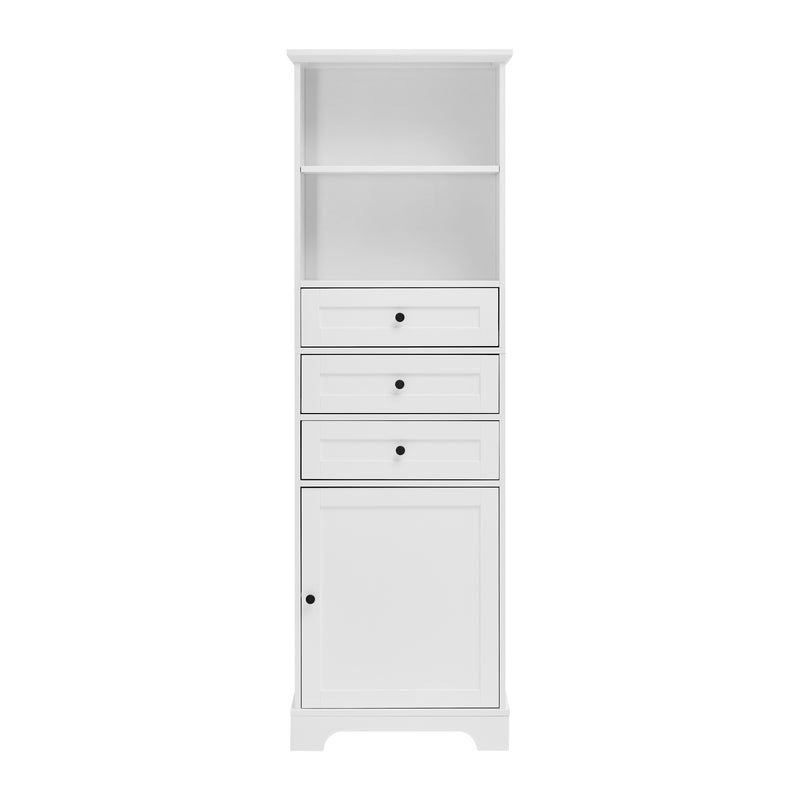 White Tall Storage Cabinet with 3 Drawers and Adjustable Shelves for Bathroom, Kitchen and Living Room, MDF Board with Painted Finish