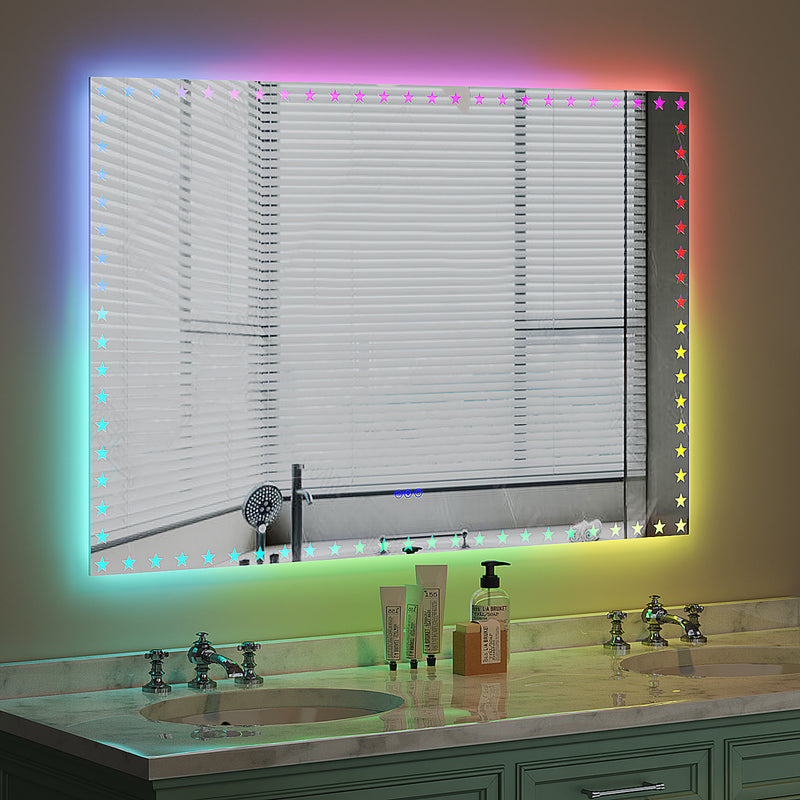 60X40 inch LED Bathroom Mirror with Lights Backlit RGB Color Changing Lighted Mirror for Bathroom Wall Dimmable Anti-Fog Memory Rectangular Vanity Mirror (RGB Multicolor Backlit + Front-Lighted