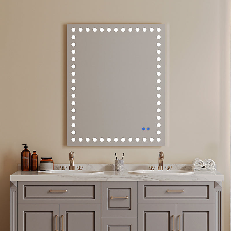 40X32 Inch Led-Lit Bathroom Mirror, Wall Mounted Anti-Fog Memory Rectangular Vanity Mirror With Tri-White Front Circular Light And Touch Sensor Dimmer Switch