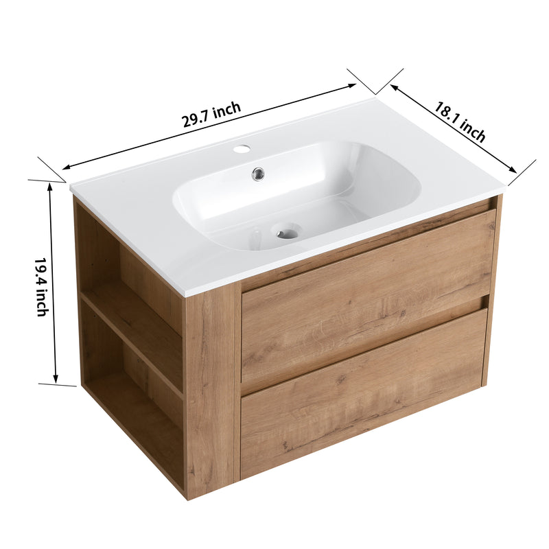 30" Wall Mounting Bathroom Vanity With Gel Sink, Soft Close Drawer