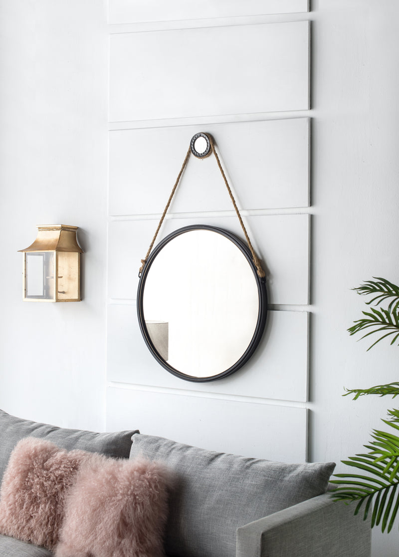 29.5" in On-trend Hanging Round Mirror with Black Framed and with Rope Strap Contemporary Industrial Decor for Bathroom, Bedroom, or Living Space