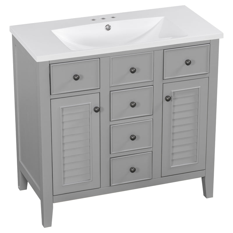 36" Bathroom Vanity with Ceramic Basin, Two Cabinets and Five Drawers, Solid Wood Frame, Grey