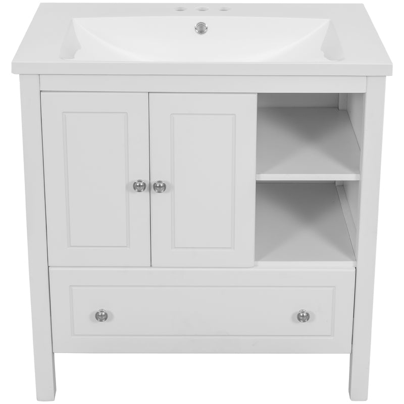 [VIDEO] 30" Bathroom Vanity with Sink, Bathroom Storage Cabinet with Doors and Drawers, Solid Wood Frame, Ceramic Sink, White