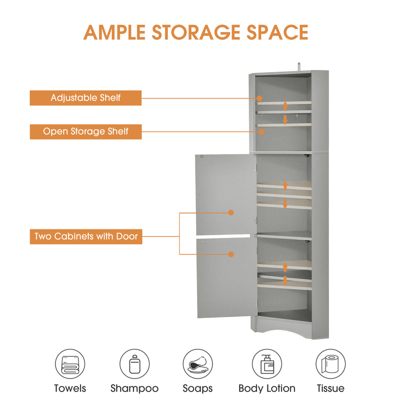 Tall Bathroom Corner Cabinet, Freestanding Storage Cabinet with Doors and Adjustable Shelves, MDF Board, Gray