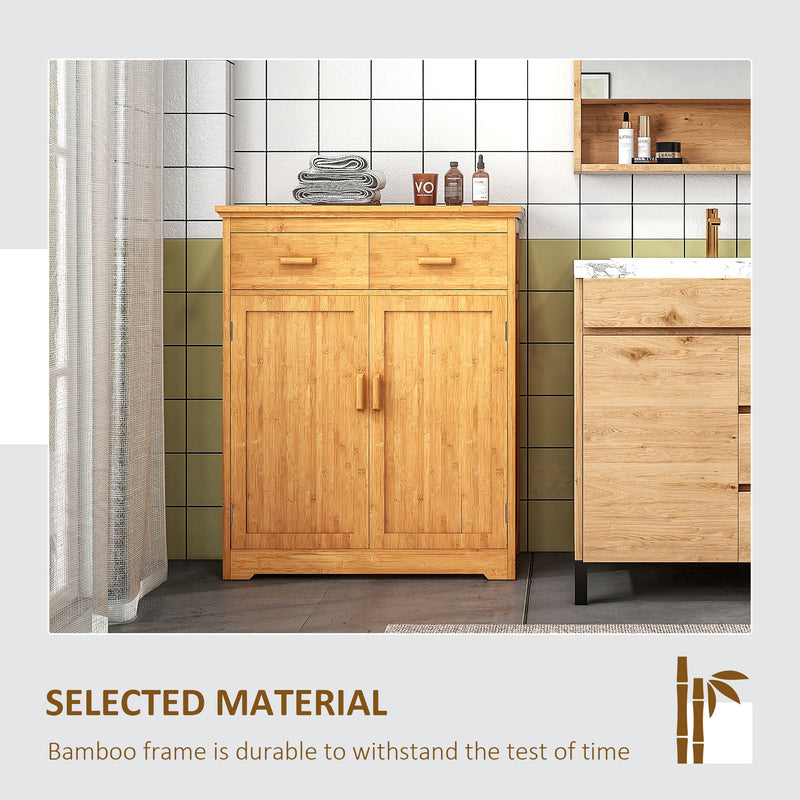 HOMCOM Bathroom Storage Cabinet, Bamboo Floor Cabinet with Drawers, Double Doors and Adjustable Shelves, Natural