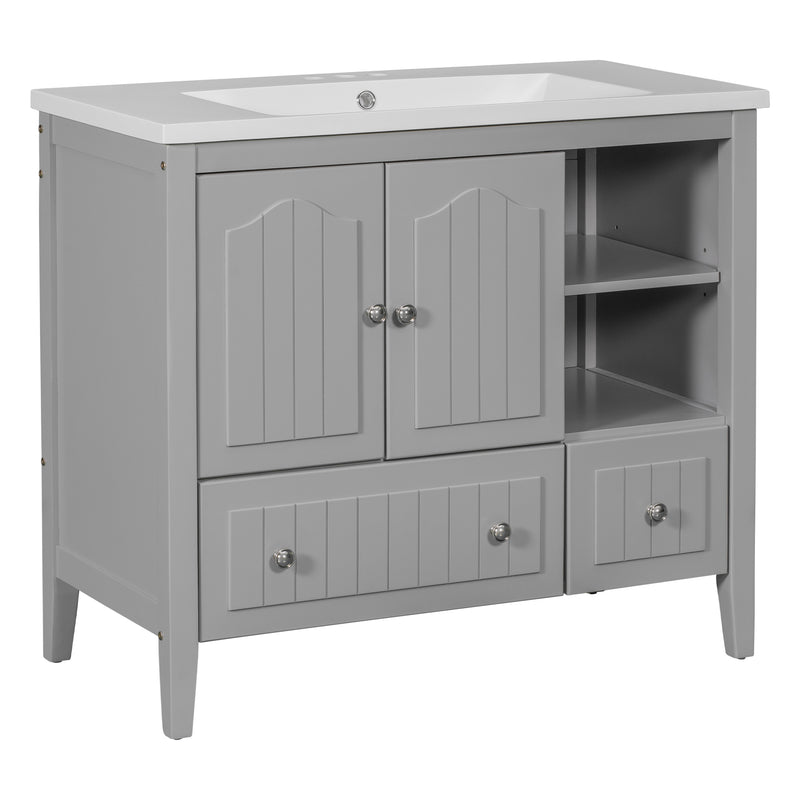 [VIDEO] 36" Bathroom Vanity with Ceramic Basin, Bathroom Storage Cabinet with Two Doors and Drawers, Solid Frame, Metal Handles, Grey