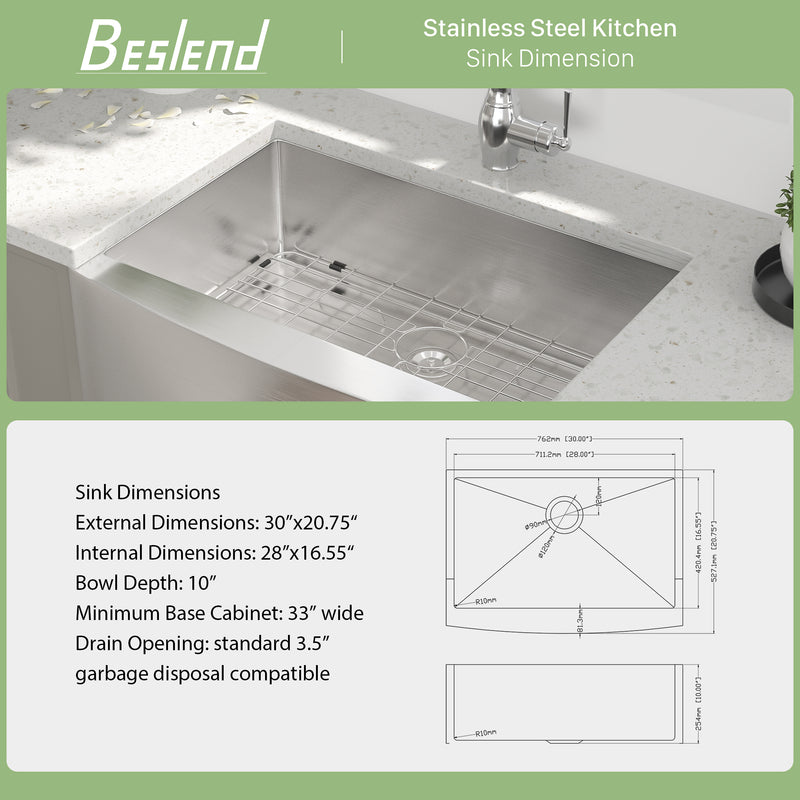 30 Inch Farmhouse Kitchen Sink - 30"x21"x10" Stainless Steel Apron Front Farmhouse Sink 10 Inch Deep 16 Gauge Single Bowl Kitchen Sink Basin