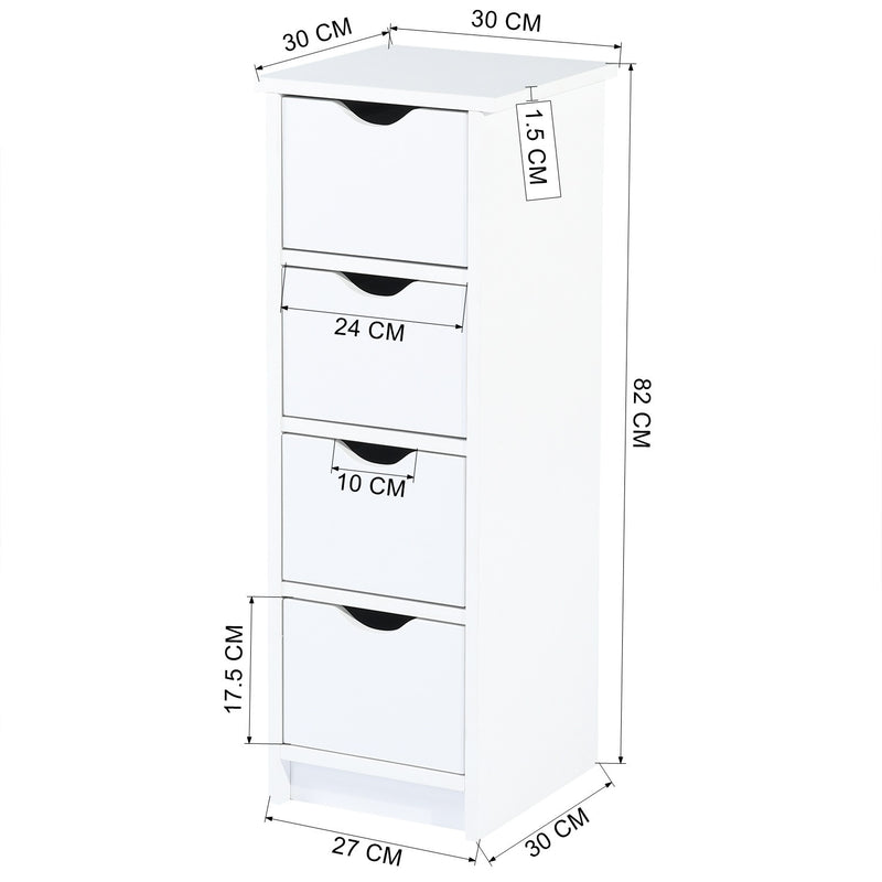 Floor Cabinet, Wooden Side Storage Organizer, 4 Drawers Free-Standing Cabinet for Bathroom/Hallway/Living Room, White