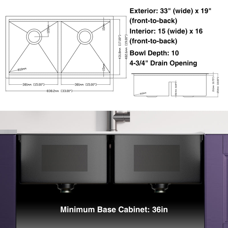 All In One  33x19Inch Undermount Gunmetal Black Double Bowl  Kitchen Sink 18 Guage Stainless Steel With Faucet