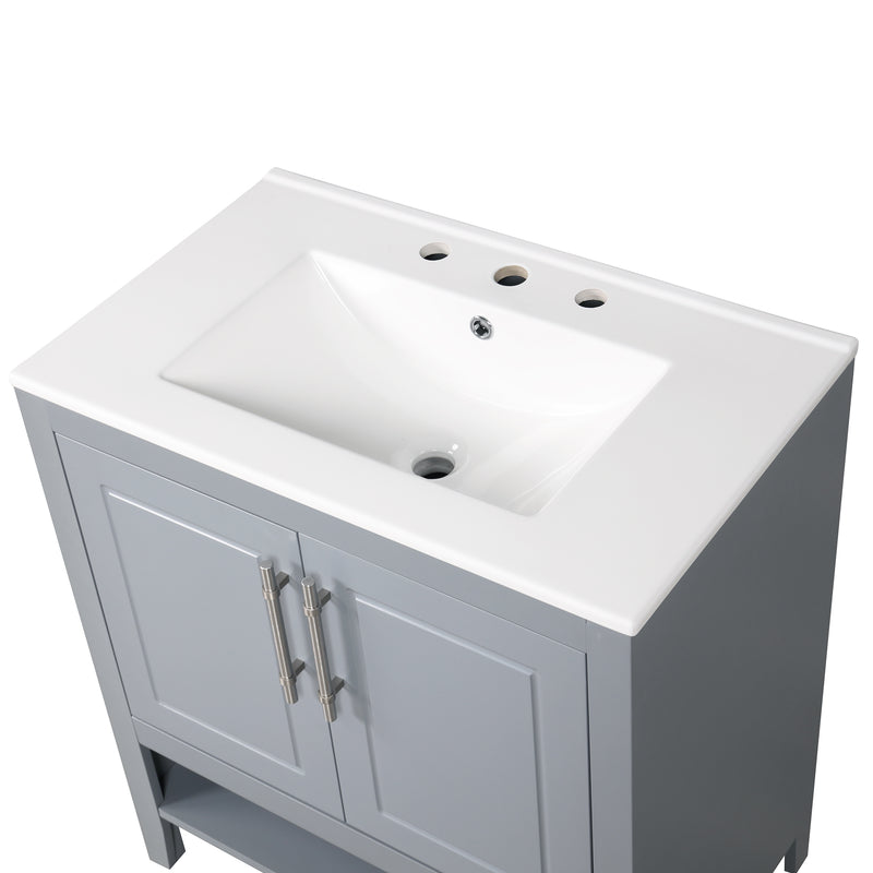 30" Bathroom Vanity with Sink, Multi-functional Bathroom Cabinet with Doors and Drawers, Solid Frame and MDF Board, Grey