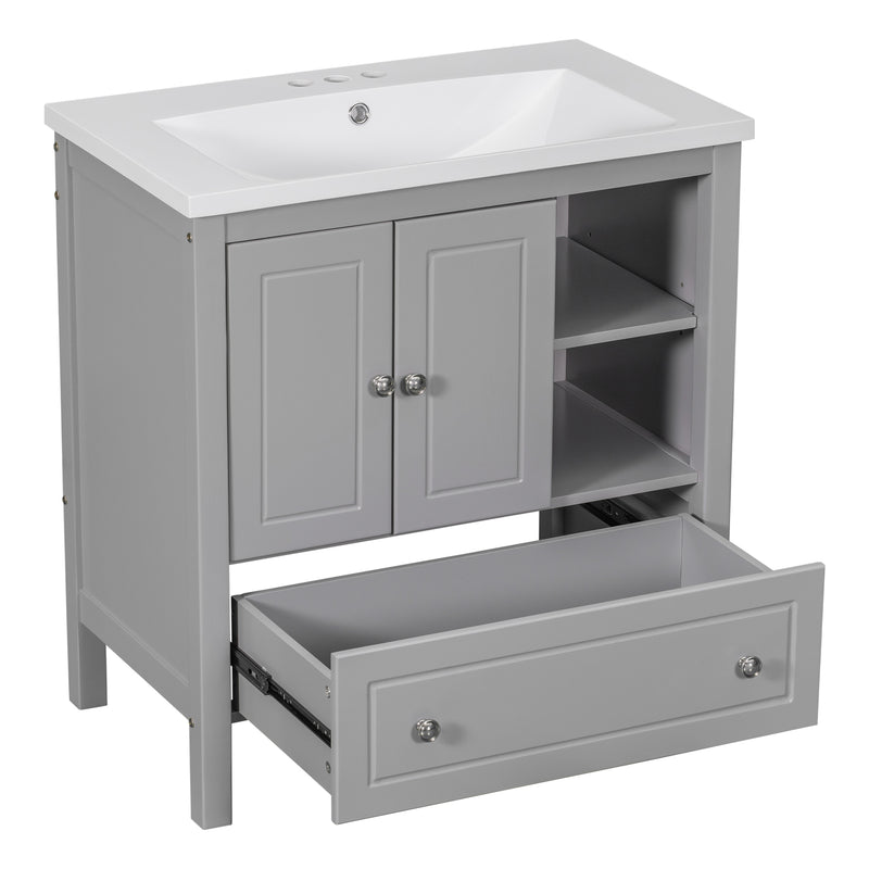 [VIDEO] 30" Bathroom Vanity with Sink, Bathroom Storage Cabinet with Doors and Drawers, Solid Wood Frame, Ceramic Sink, Grey