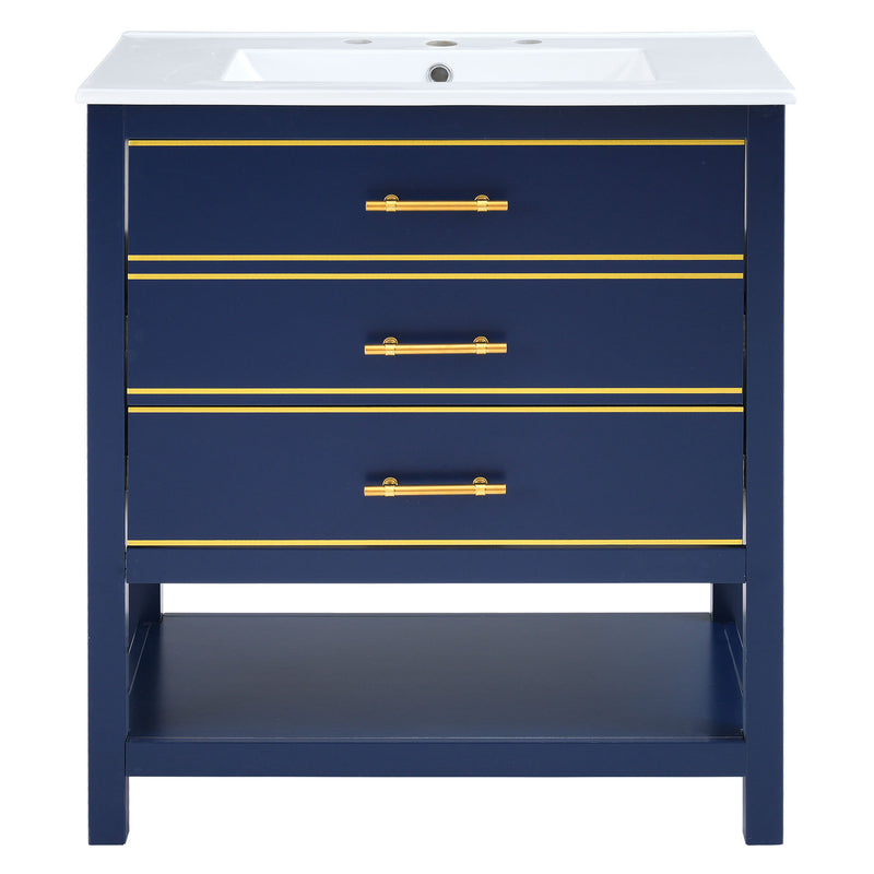 [Viedo]Modern 30inch Navy Blue/White Bathroom Vanity Cabinet Combo with Open
Storge, Two Drawers