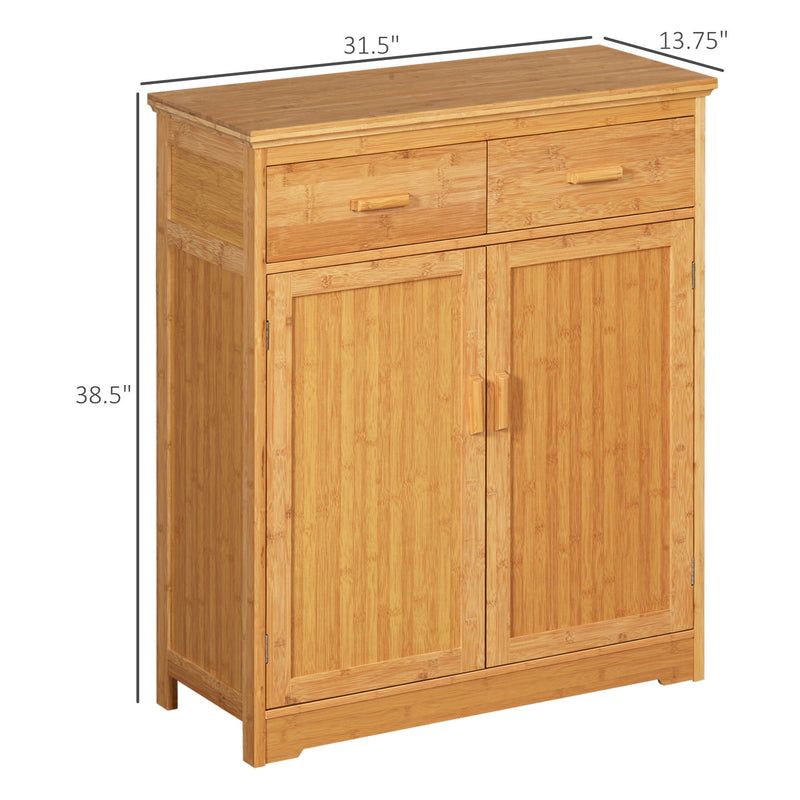 HOMCOM Bathroom Storage Cabinet, Bamboo Floor Cabinet with Drawers, Double Doors and Adjustable Shelves, Natural